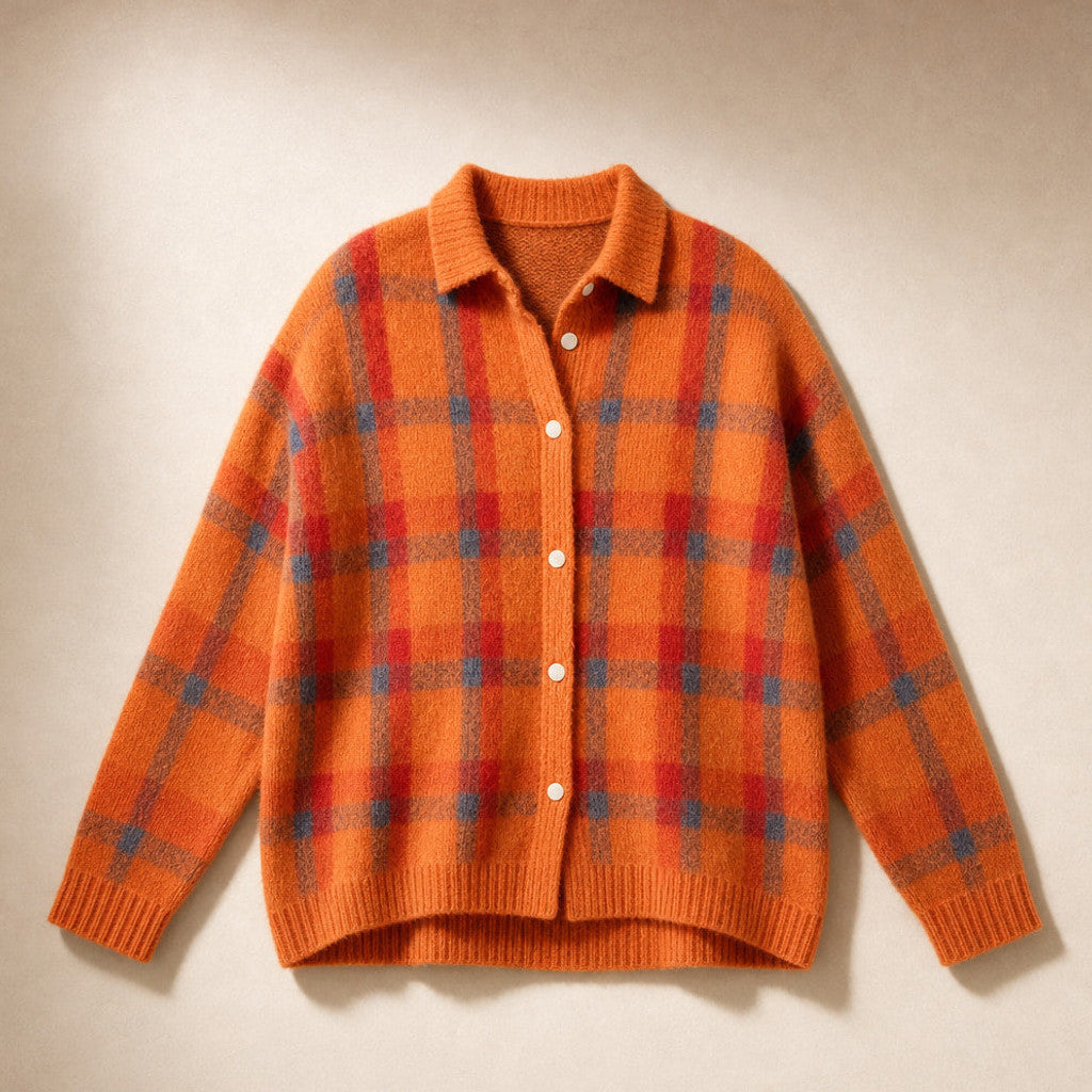 Delicia | Check Knit Cardigan Open Front Orange – Product Photo