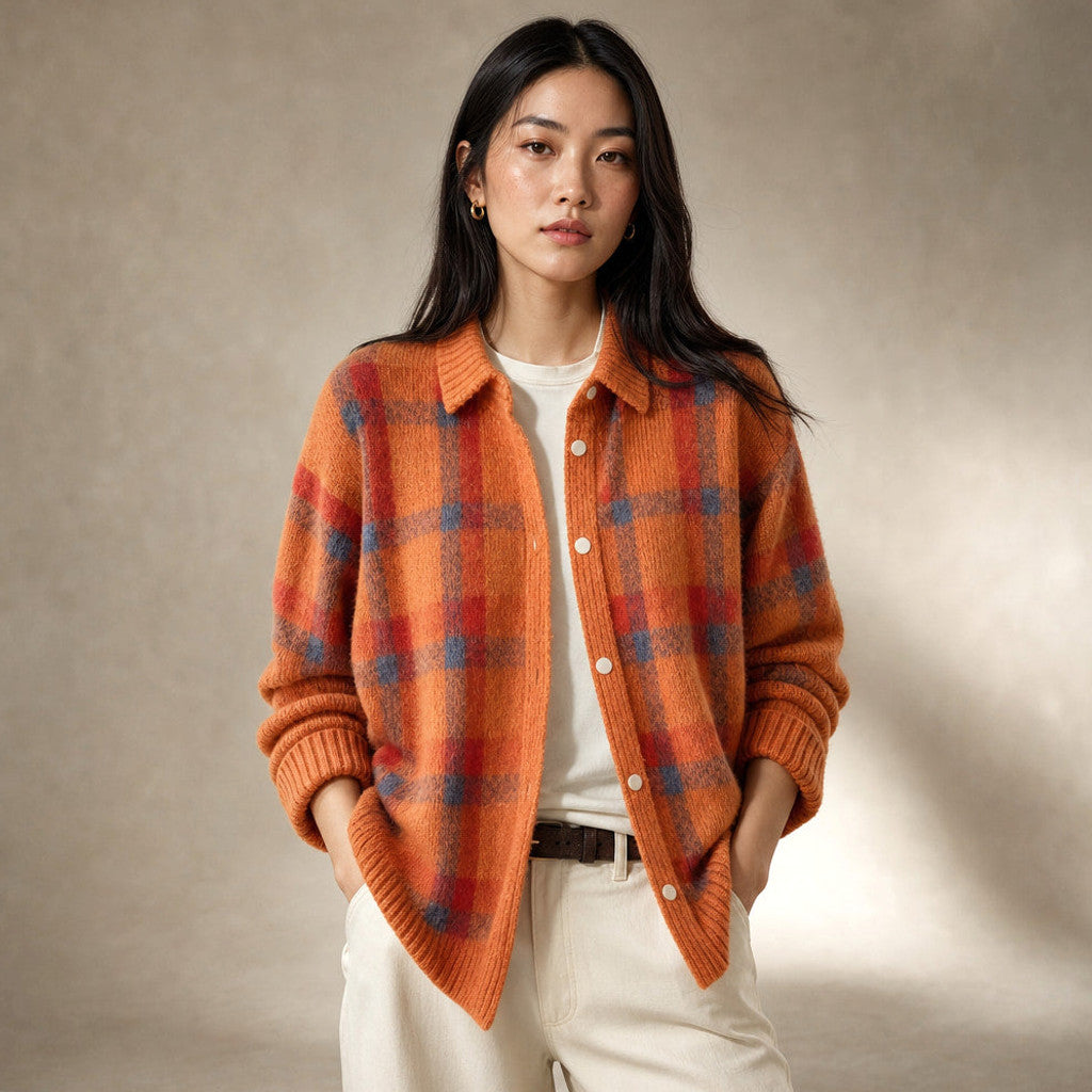 Delicia | Check Knit Cardigan Open Front in Orange – Premium Editorial