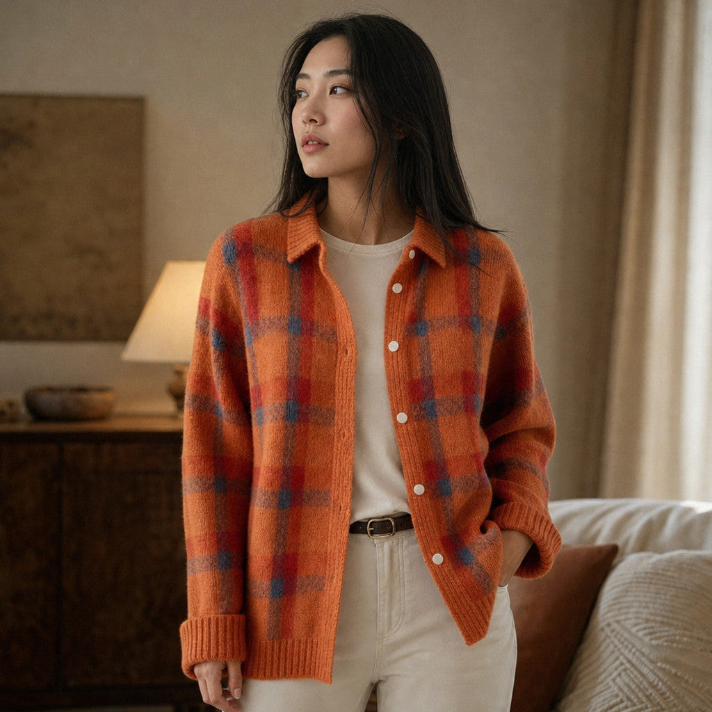 Delicia | Check Knit Cardigan Open Front Orange – Styled Editorial Shot
