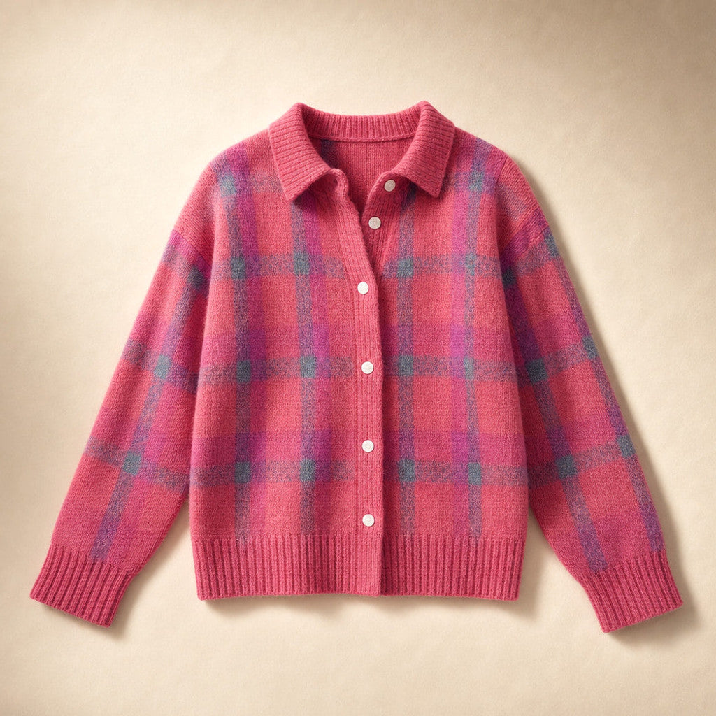 Delicia | Check Knit Cardigan Open Front Pink – Product Photo