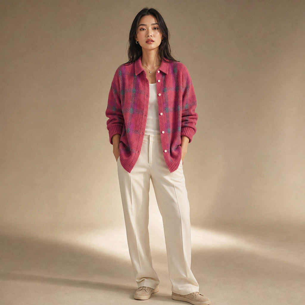 Delicia | Check Knit Cardigan Open Front in Pink – Premium Editorial