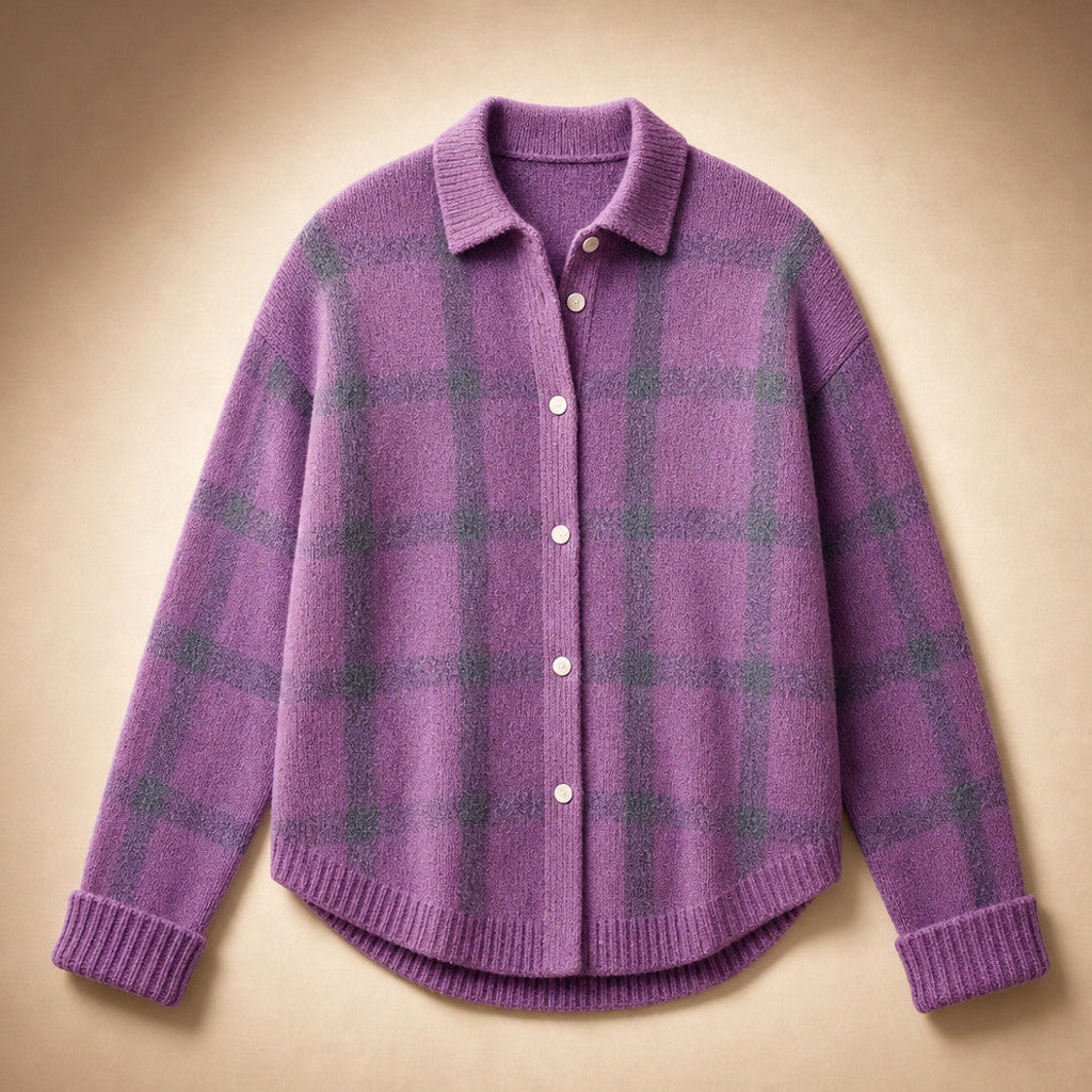 Delicia | Check Knit Cardigan Open Front Purple – Product Photo