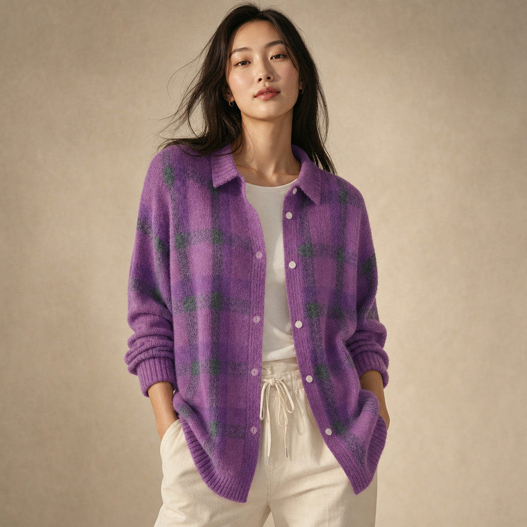 Delicia | Check Knit Cardigan Open Front in Purple – Premium Editorial