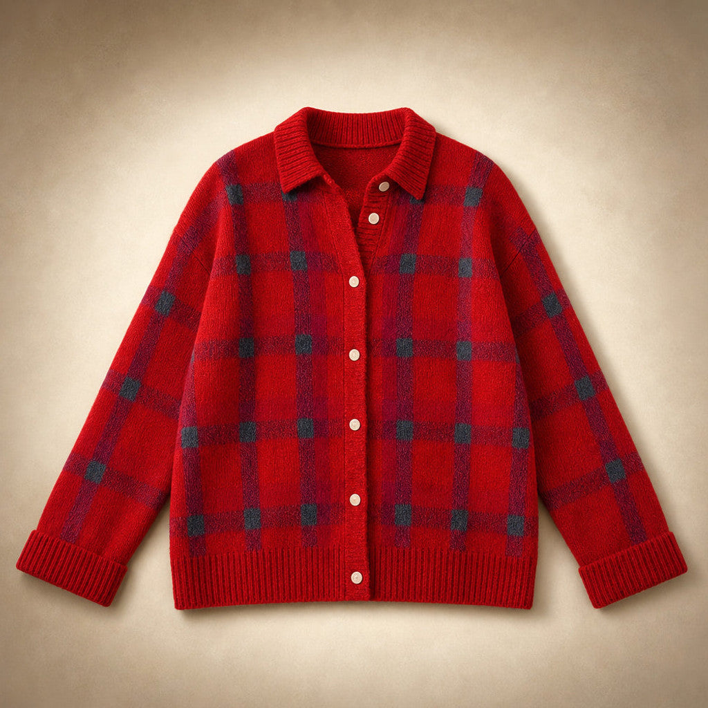 Delicia | Check Knit Cardigan Open Front Red – Product Photo