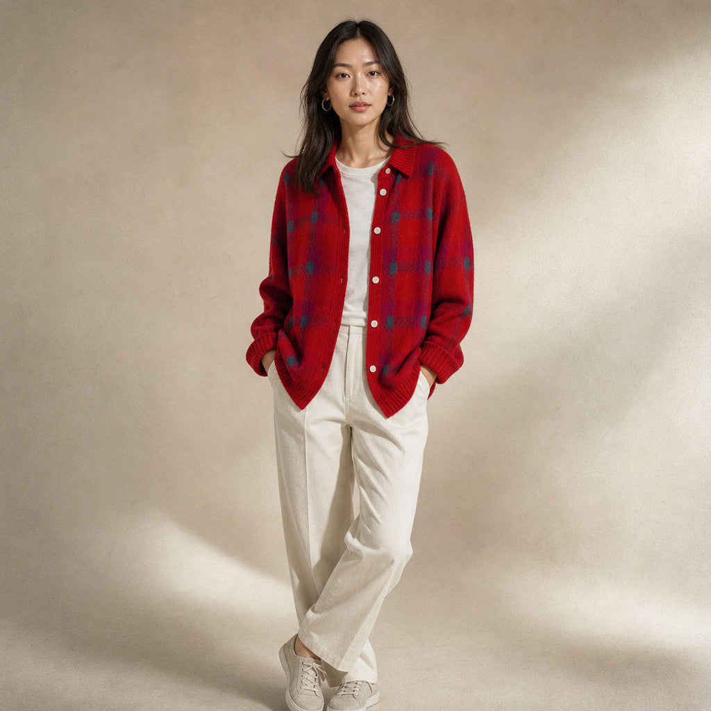 Delicia | Check Knit Cardigan Open Front in Red – Premium Editorial