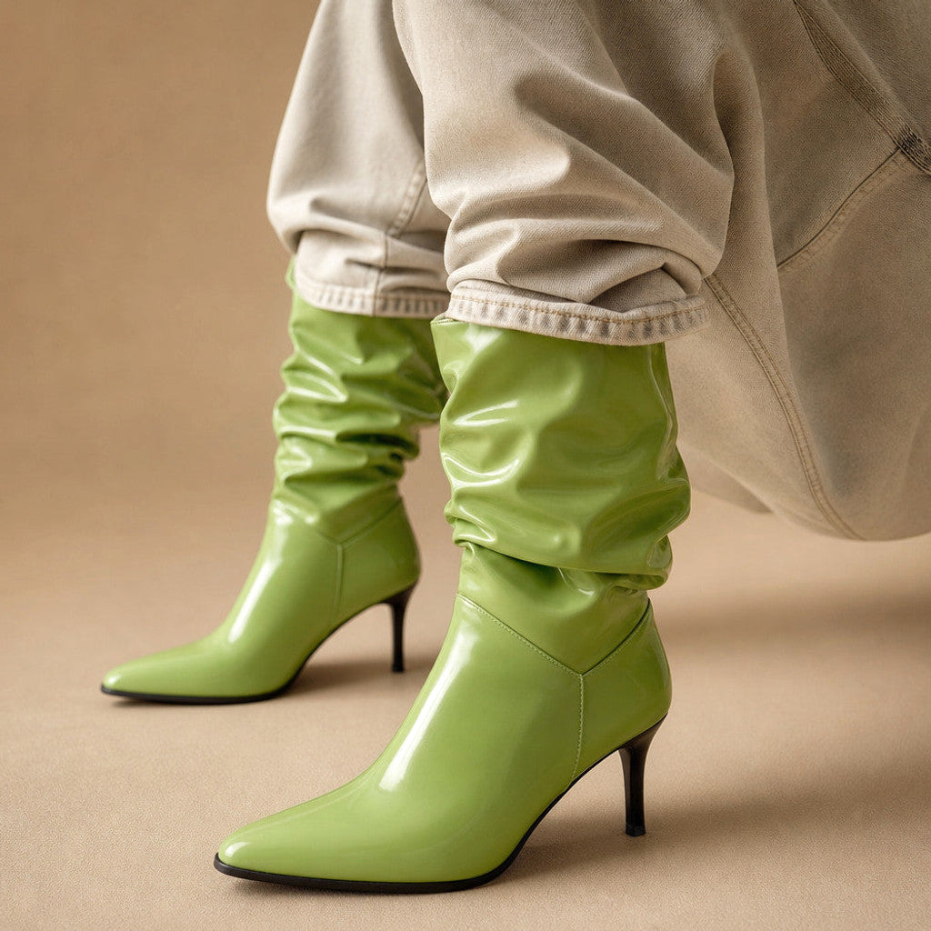 Dervorguilla | Slouch Boots Stiletto Heel in Green – Premium Editorial