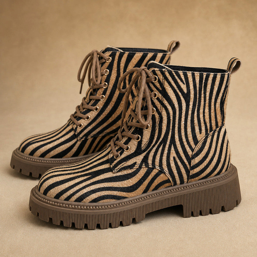 Dianella | Zebra Print Boots Lace-Up Front Beige/Black – Fabric and Detail Close-Up