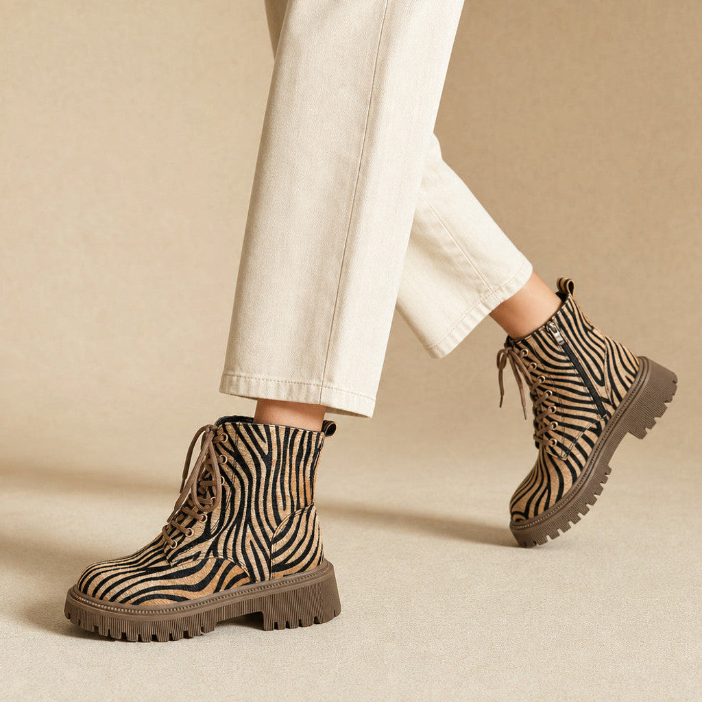 Dianella | Zebra Print Boots Lace-Up Front Beige/Black – Product Photo