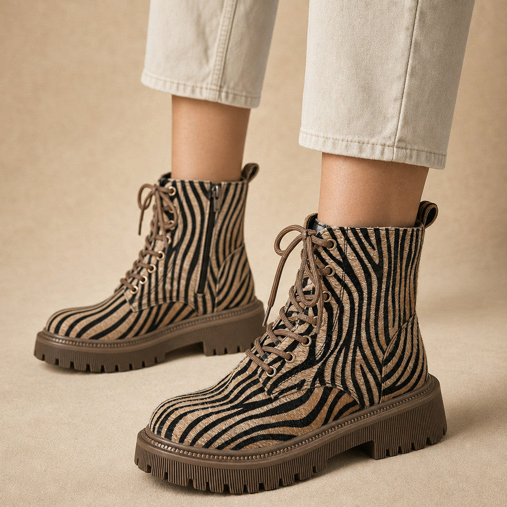 Dianella | Zebra Print Boots Lace-Up Front Beige/Black – Premium Editorial