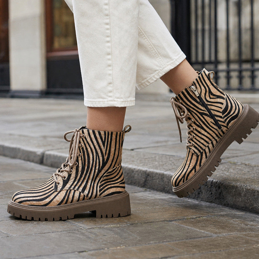 Dianella | Zebra Print Boots Lace-Up Front Beige/Black – Styled Editorial Shot