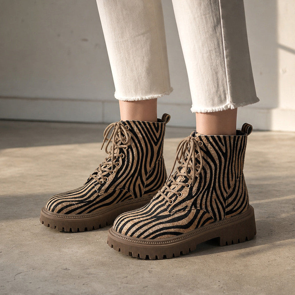 Dianella | Zebra Print Boots Lace-Up Front Beige/Black – Product Photo