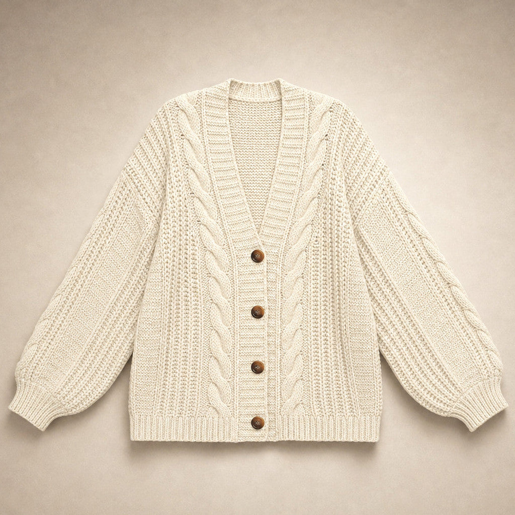 Dulcibel | Cable Knit Cardigan Dropped Shoulder Beige – Product Photo