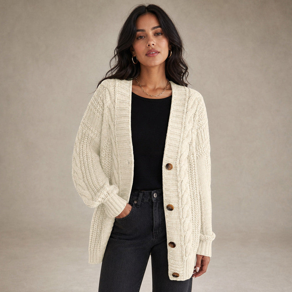 Dulcibel | Cable Knit Cardigan Dropped Shoulder in Beige – Premium Editorial