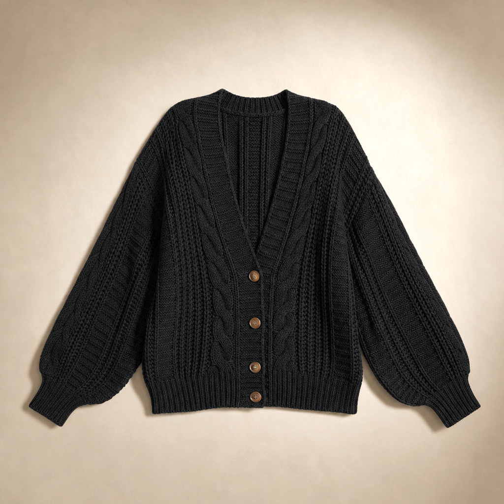 Dulcibel | Cable Knit Cardigan Dropped Shoulder Black – Product Photo