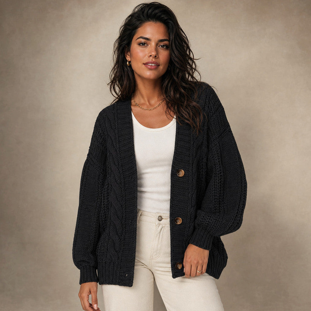 Dulcibel | Cable Knit Cardigan Dropped Shoulder in Black – Premium Editorial