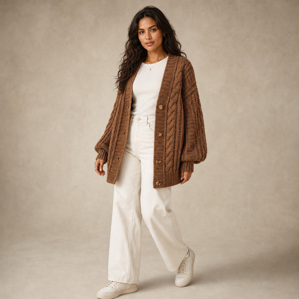 Dulcibel | Cable Knit Cardigan Dropped Shoulder Brown – Side Angle View