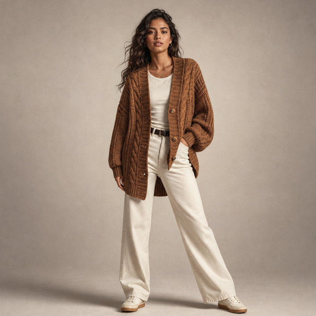 Dulcibel | Cable Knit Cardigan Dropped Shoulder Brown – Full Look