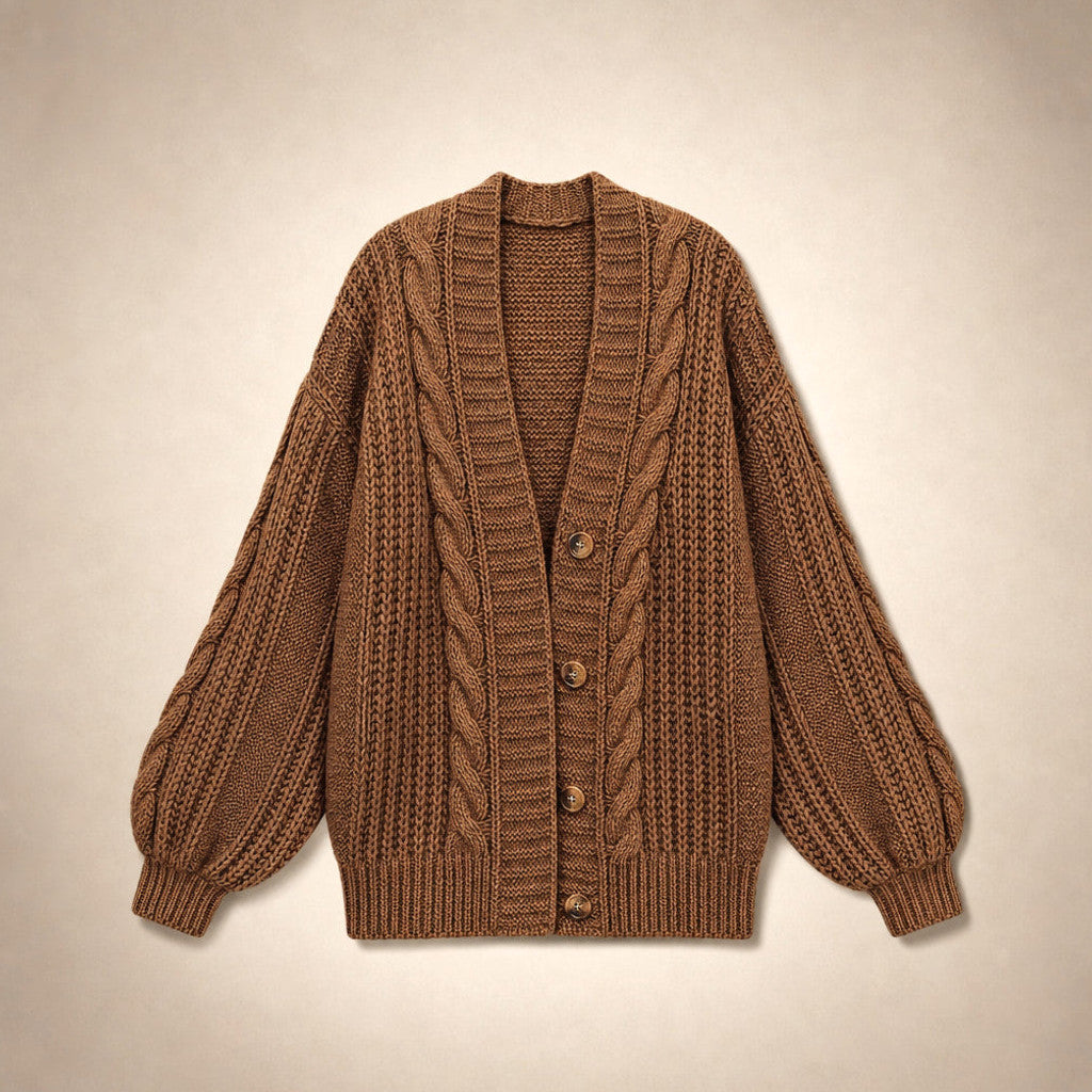 Dulcibel | Cable Knit Cardigan Dropped Shoulder Brown – Product Photo