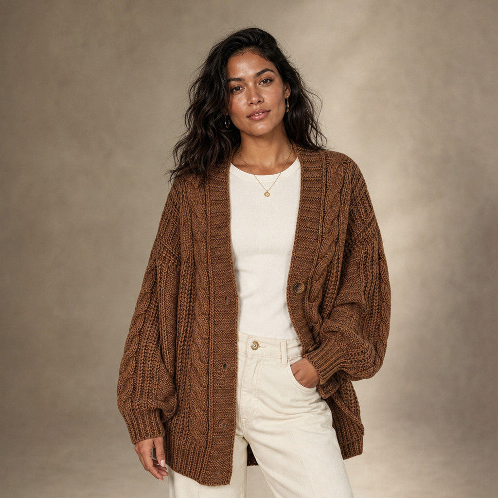 Dulcibel | Cable Knit Cardigan Dropped Shoulder in Brown – Premium Editorial