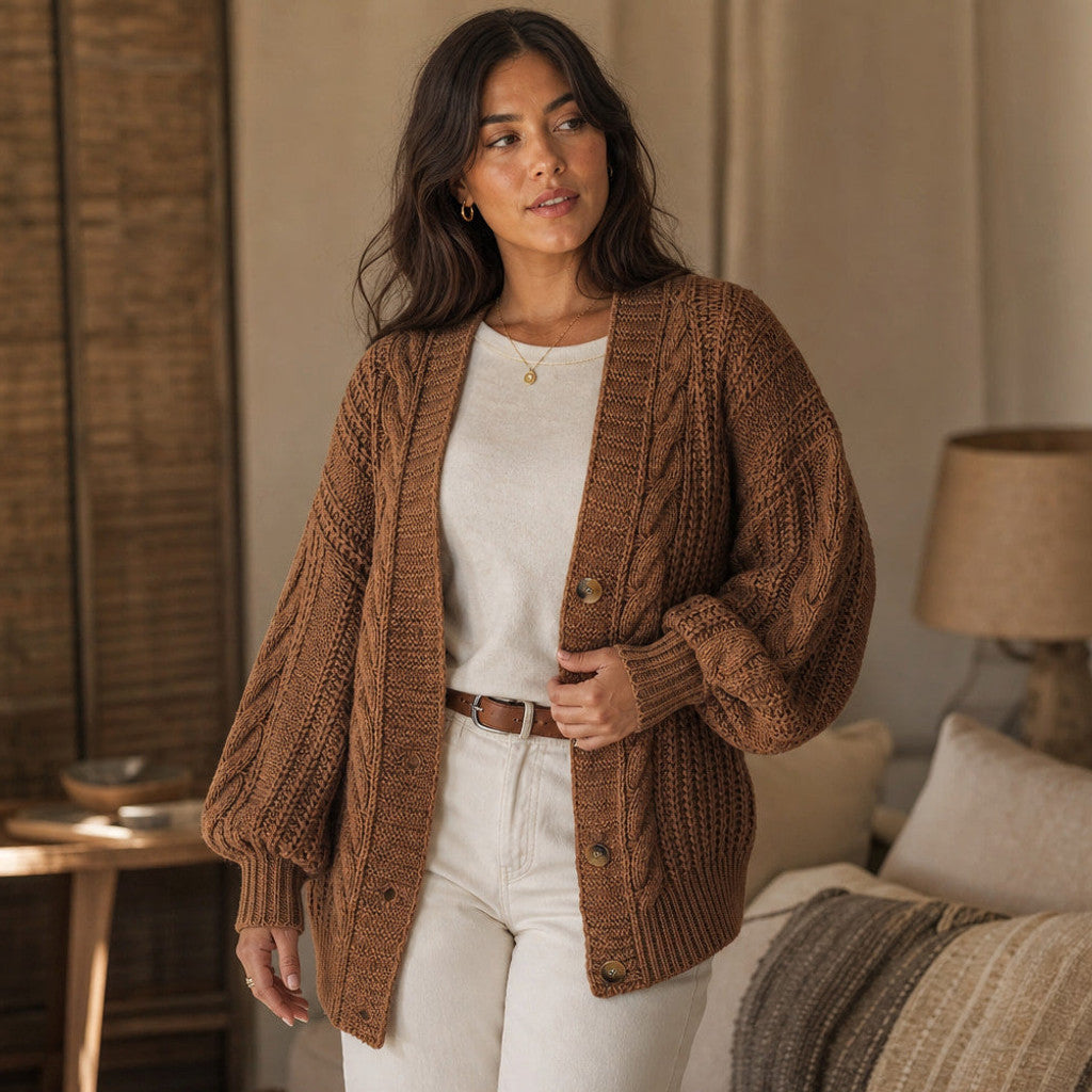 Dulcibel | Cable Knit Cardigan Dropped Shoulder Brown – Styled Editorial Shot