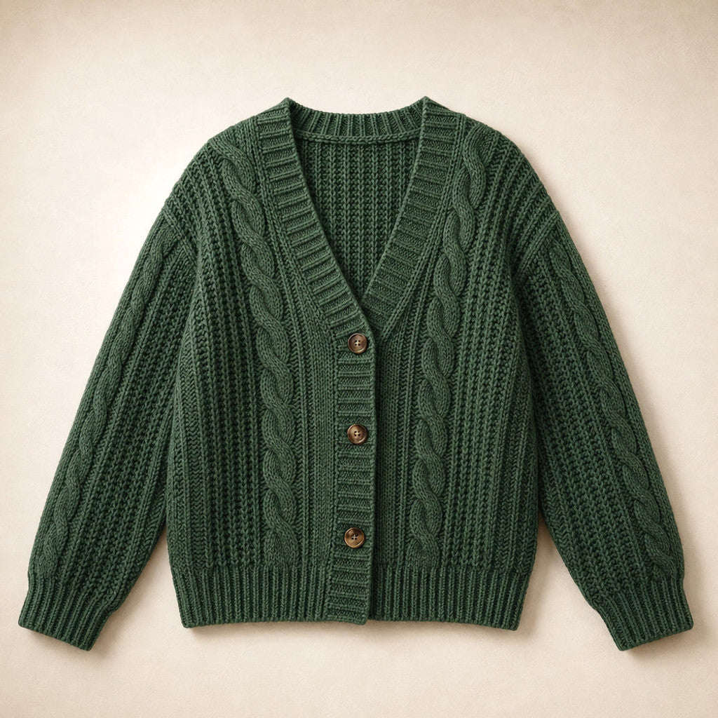 Dulcibel | Cable Knit Cardigan Dropped Shoulder Dark Green – Product Photo
