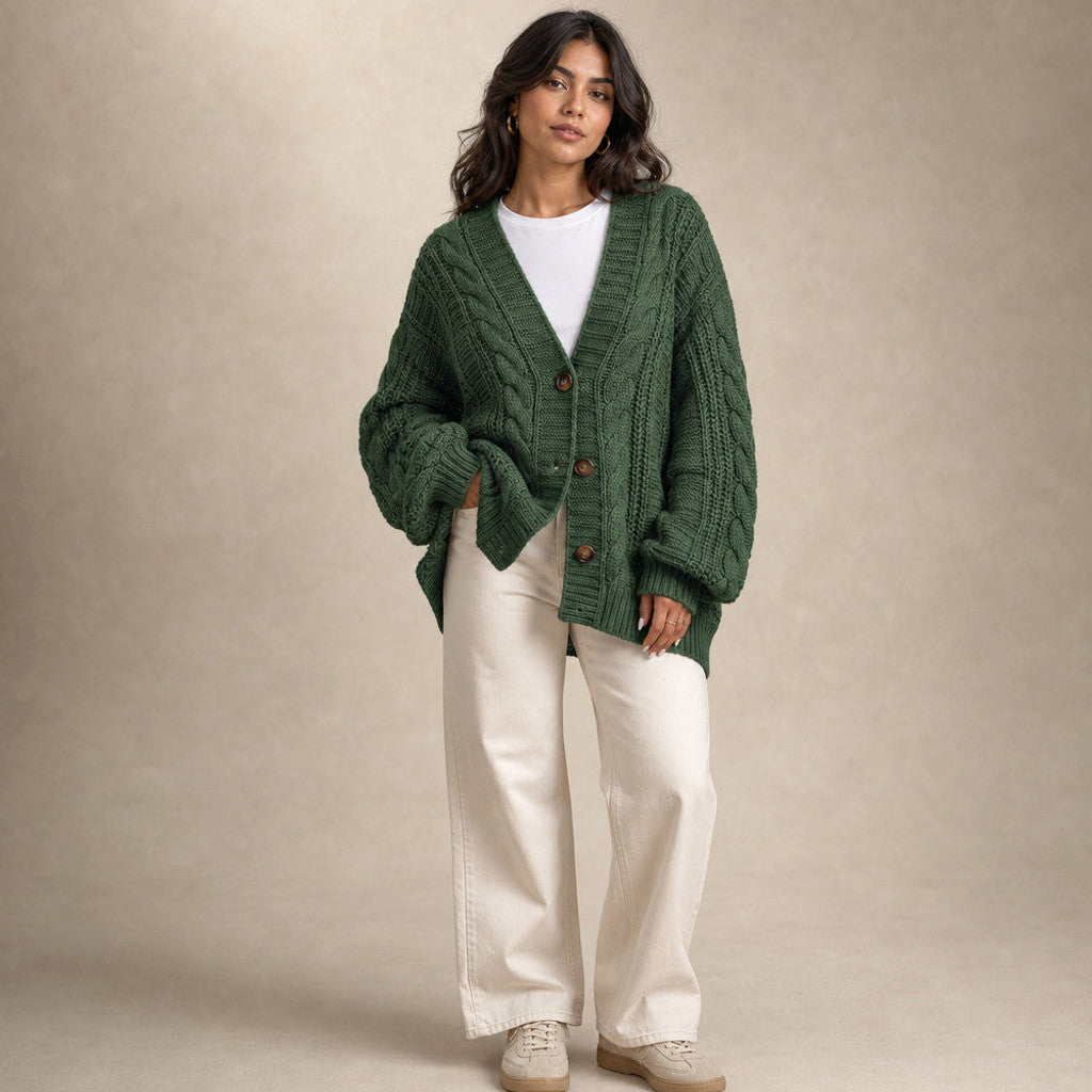 Dulcibel | Cable Knit Cardigan Dropped Shoulder in Dark Green – Premium Editorial