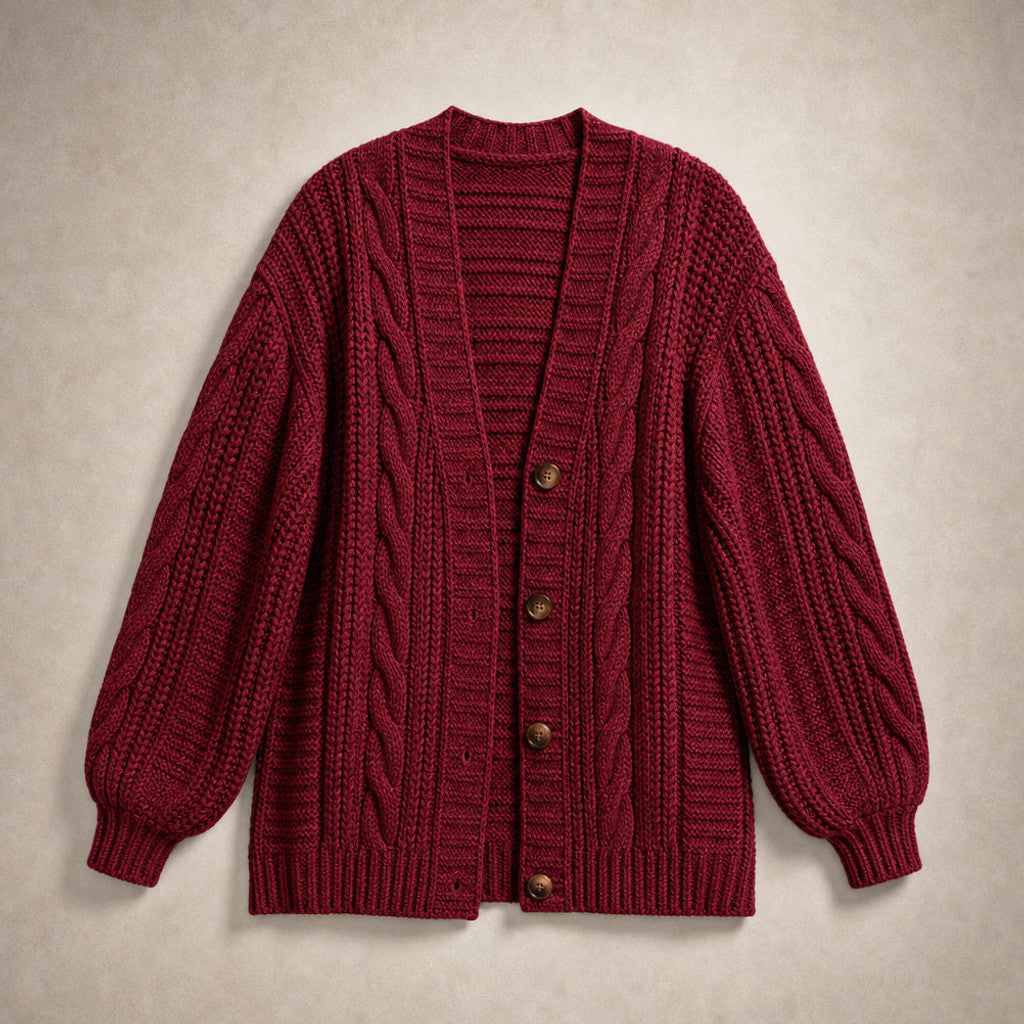Dulcibel | Cable Knit Cardigan Dropped Shoulder Dark Red – Product Photo