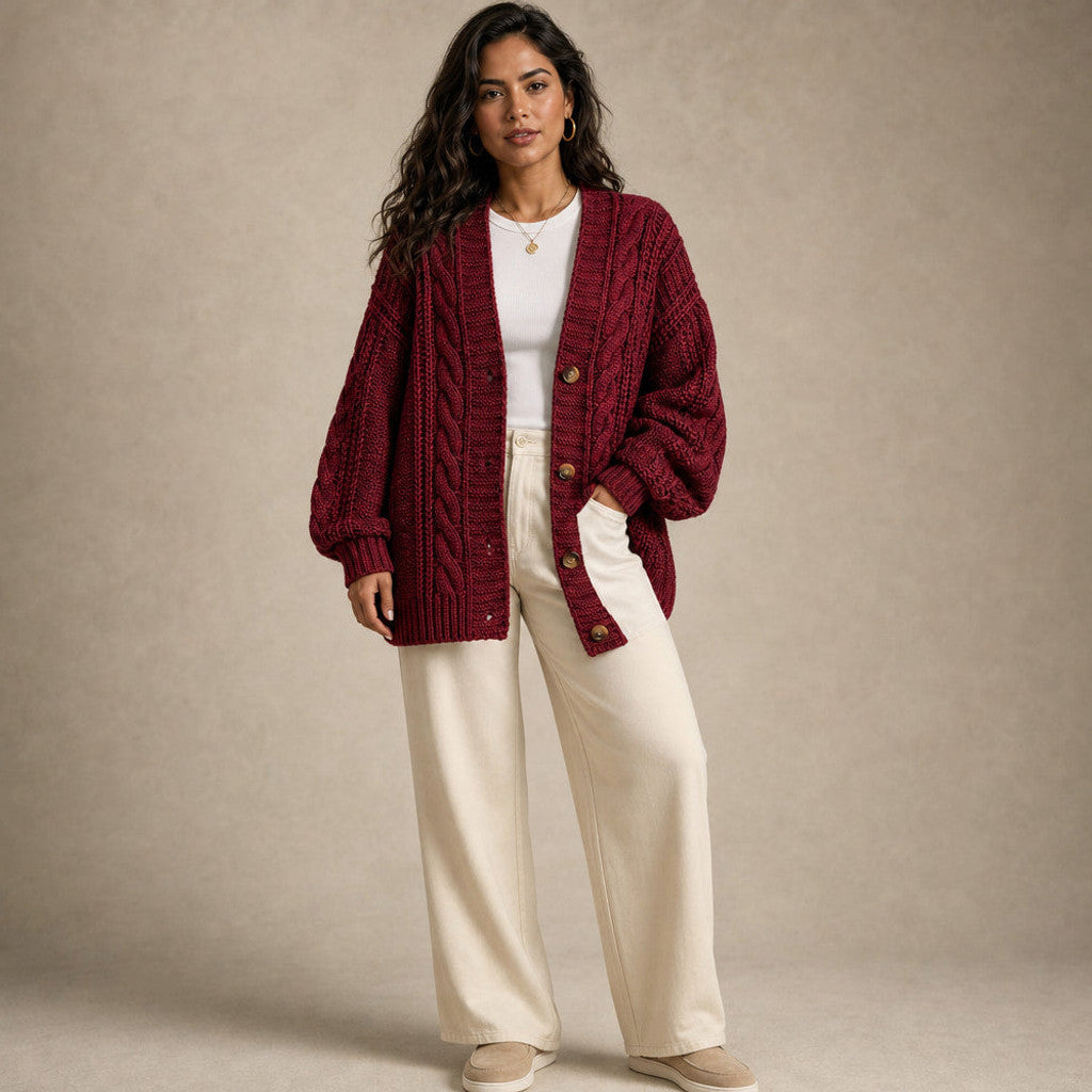 Dulcibel | Cable Knit Cardigan Dropped Shoulder in Dark Red – Premium Editorial