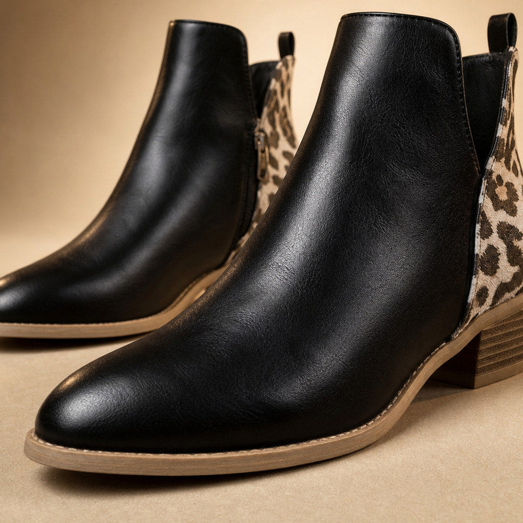 Edlyna | Chelsea Boots Leopard Panel Black Black – Fabric and Detail Close-Up