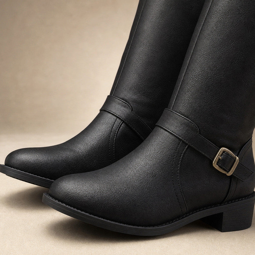 Edmonda | Knee-High Riding Boots Flat Sole Black – Fabric and Detail Close-Up