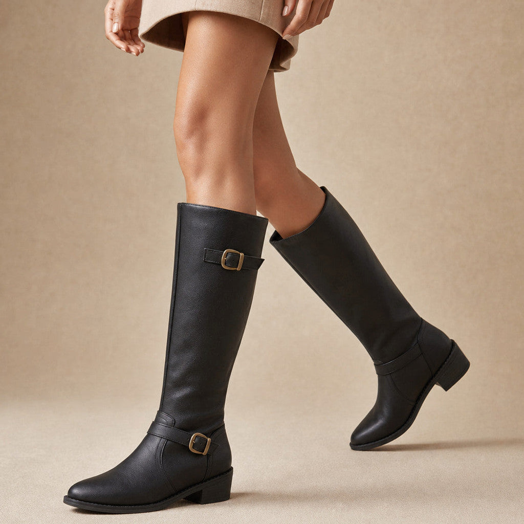 Edmonda | Knee-High Riding Boots Flat Sole Black – Product Photo