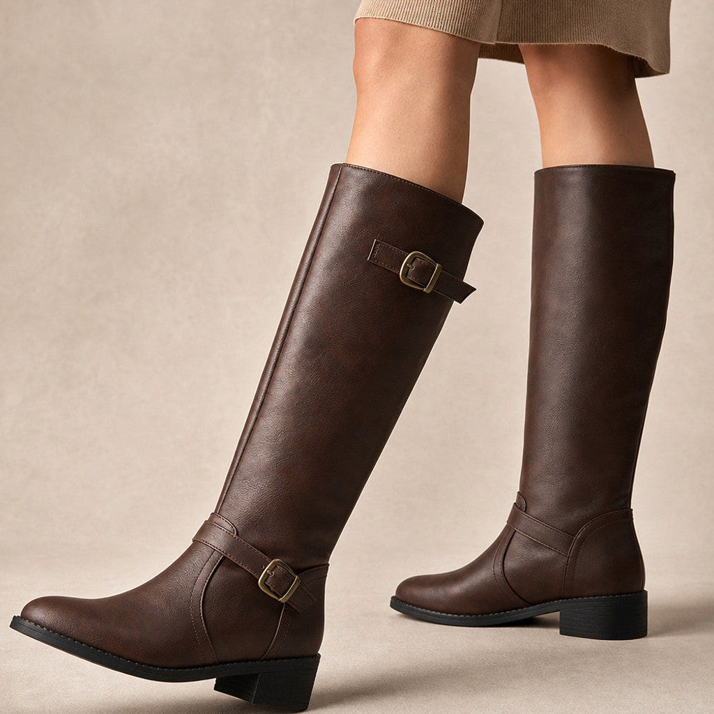 Edmonda | Knee-High Riding Boots Flat Sole in Dark Brown – Premium Editorial