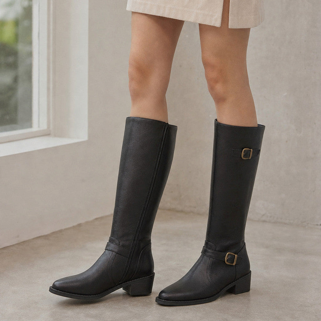 Edmonda | Knee-High Riding Boots Flat Sole – Styled Editorial Shot