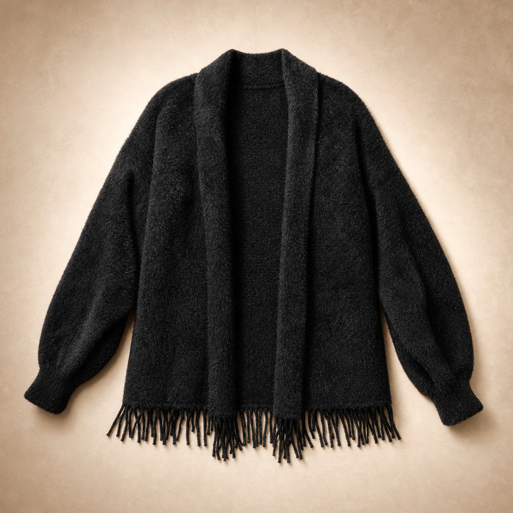 Etheldreda | Knit Cardigan Fringed Open Front Black – Product Photo
