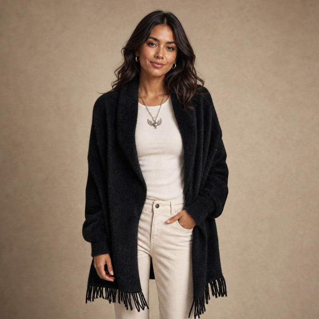 Etheldreda | Knit Cardigan Fringed Open Front in Black – Premium Editorial