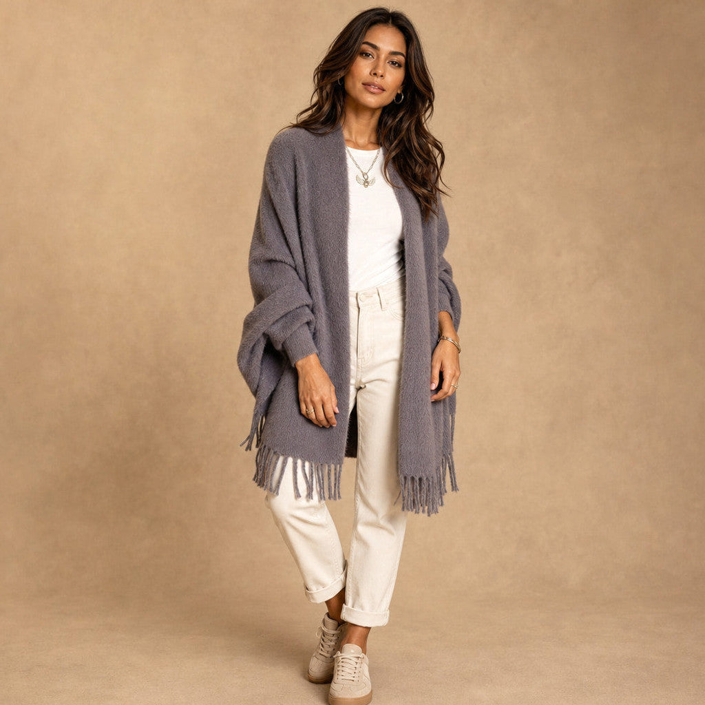Etheldreda | Knit Cardigan Fringed Open Front Grey – Side Angle View