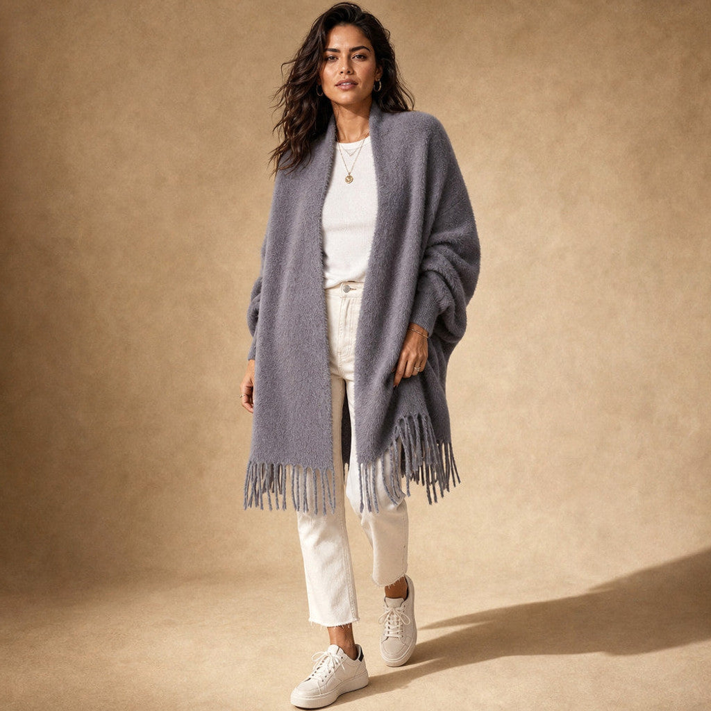 Etheldreda | Knit Cardigan Fringed Open Front Grey – Full Look
