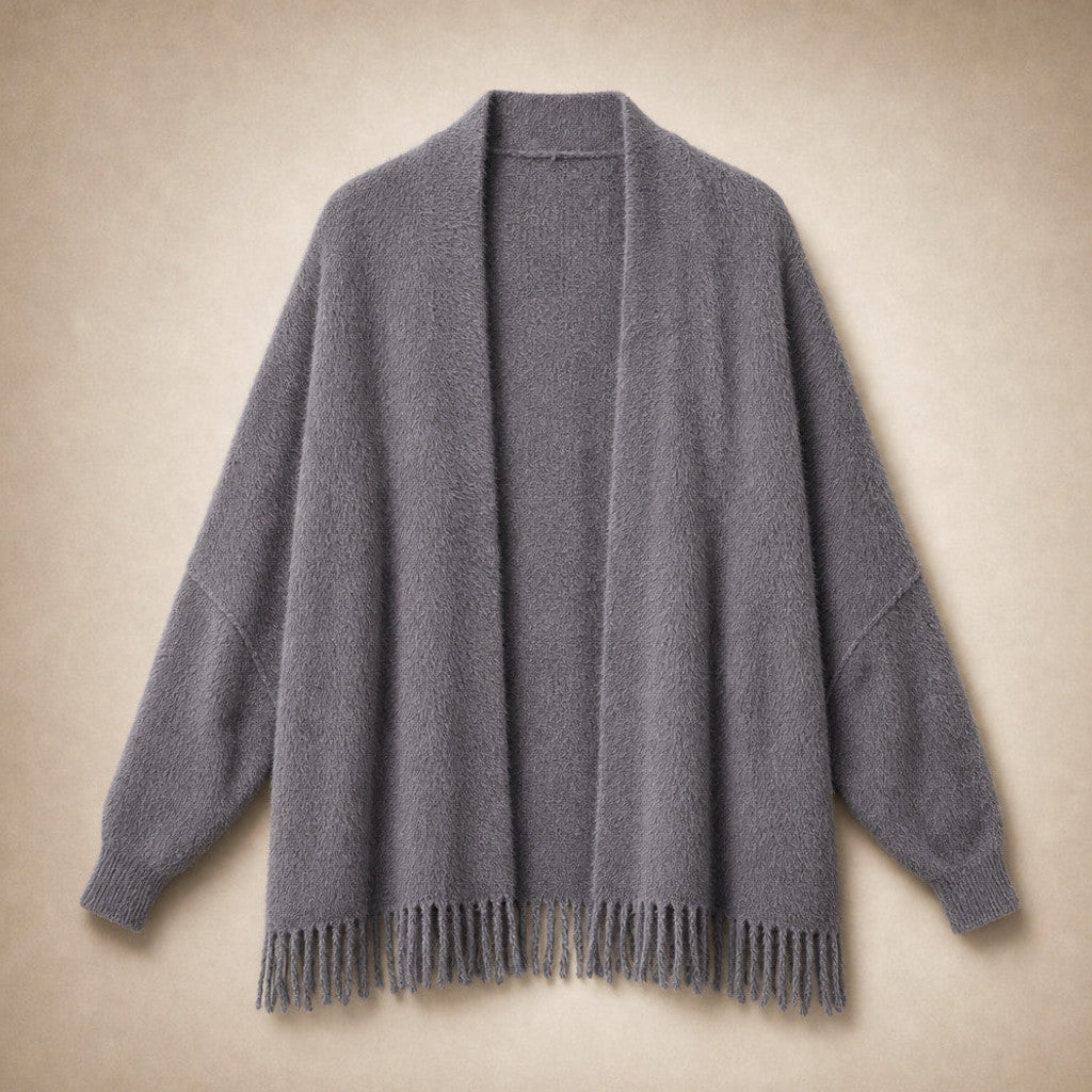 Etheldreda | Knit Cardigan Fringed Open Front Grey – Product Photo