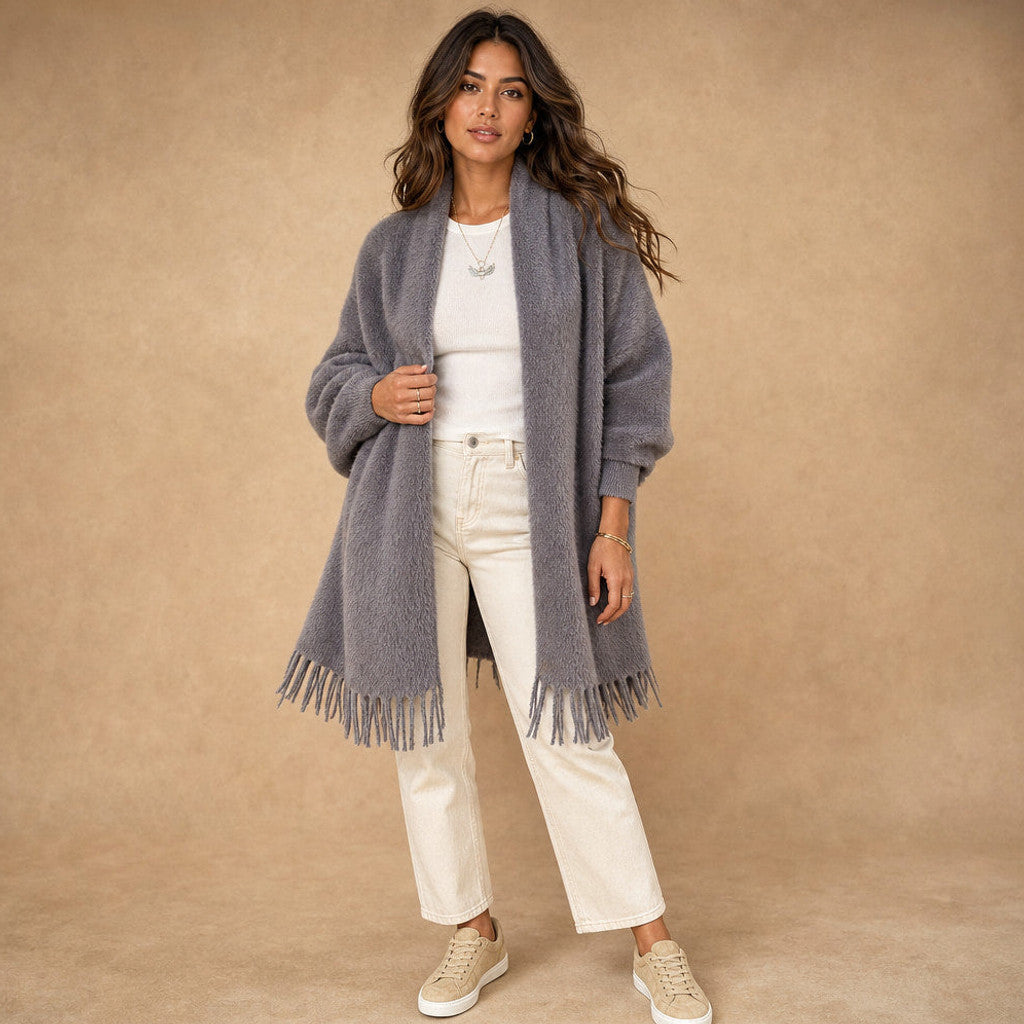 Etheldreda | Knit Cardigan Fringed Open Front in Grey – Premium Editorial