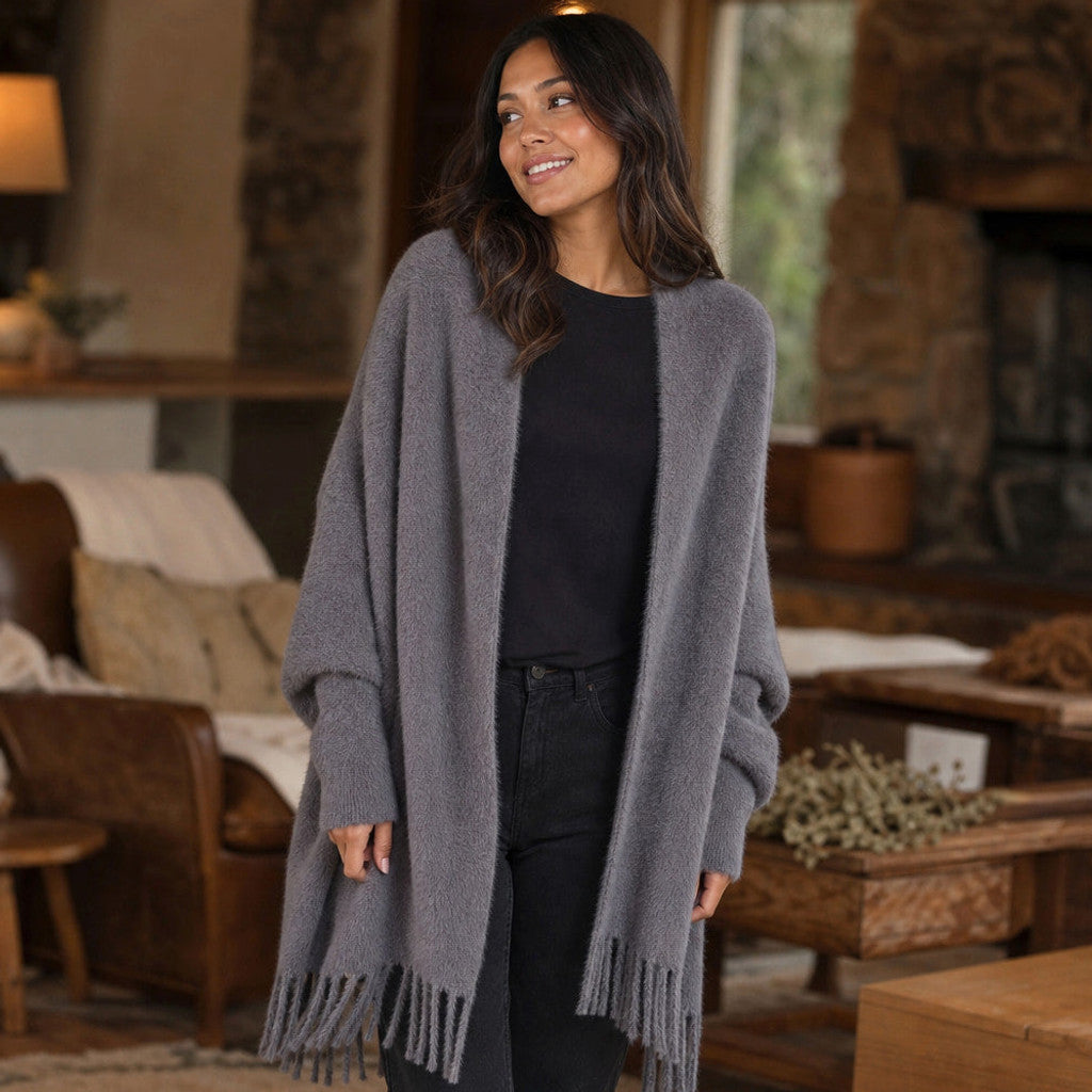 Etheldreda | Knit Cardigan Fringed Open Front Grey – Styled Editorial Shot