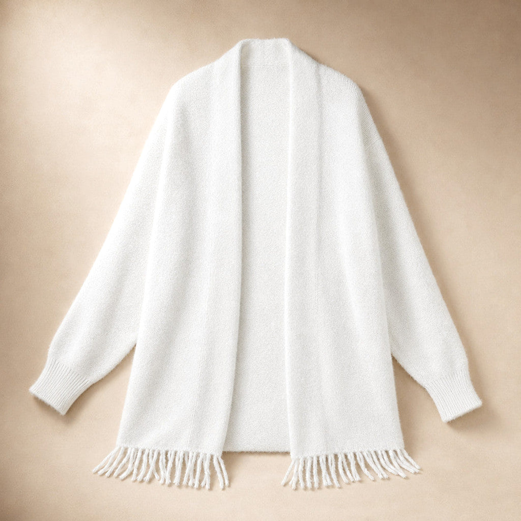 Etheldreda | Knit Cardigan Fringed Open Front White – Product Photo