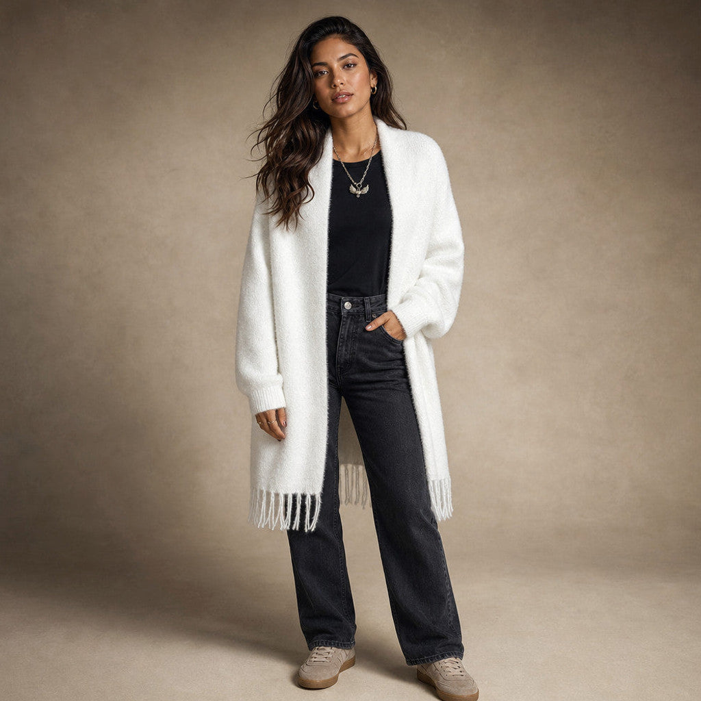 Etheldreda | Knit Cardigan Fringed Open Front in White – Premium Editorial