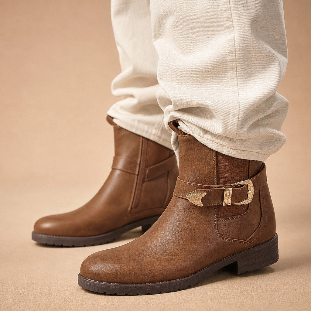 Eudora | Western Chelsea Boots Block Heel Brown – Styled Editorial Shot