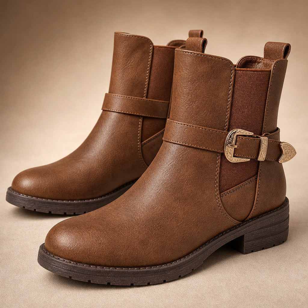 Eudora | Western Chelsea Boots Block Heel Brown – Fabric and Detail Close-Up