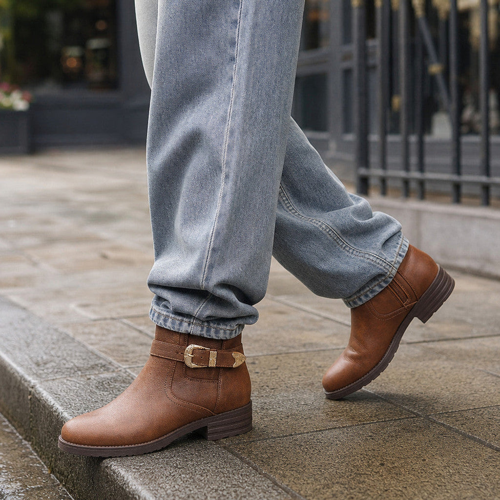 Eudora | Western Chelsea Boots Block Heel Brown – Styled Editorial Shot