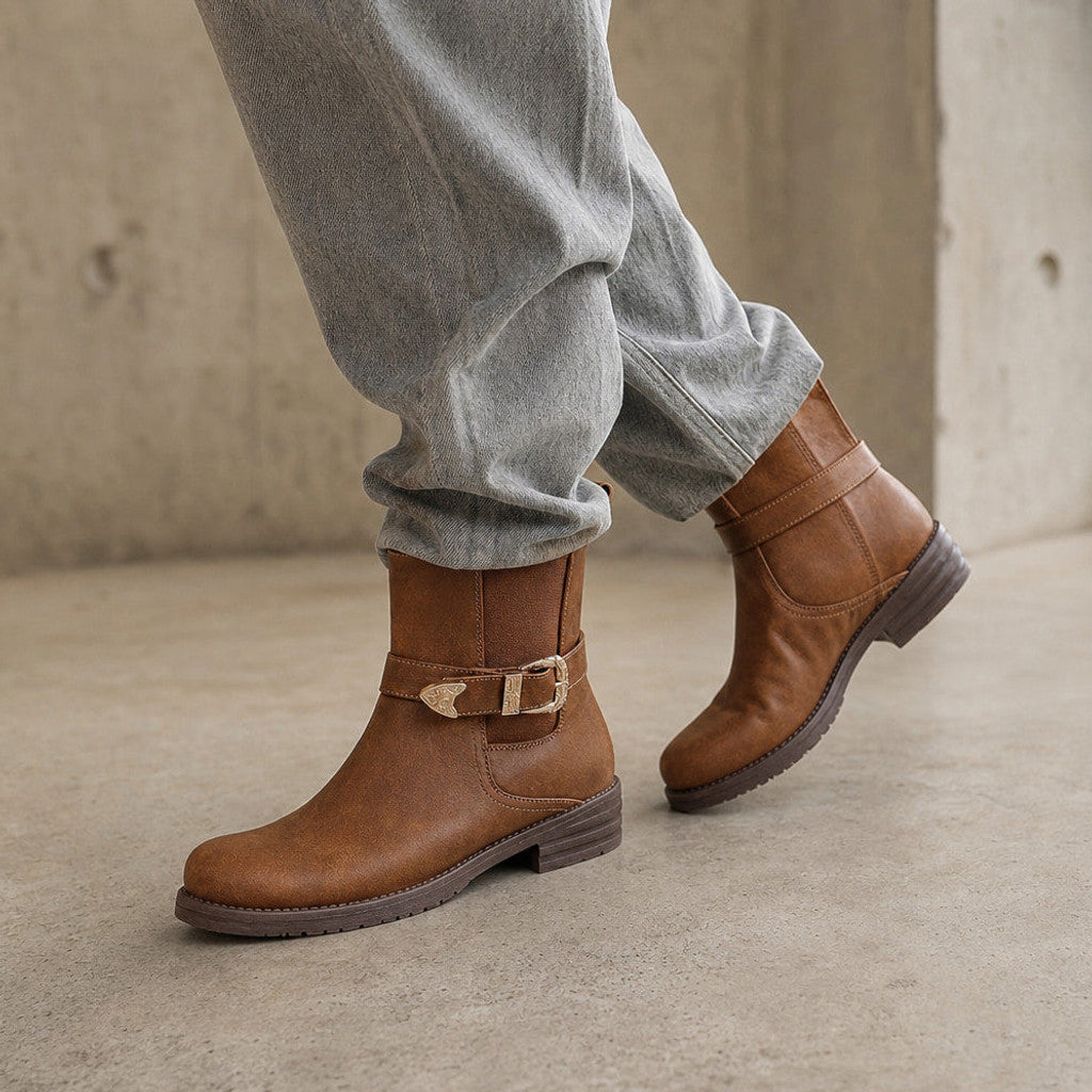 Eudora | Western Chelsea Boots Block Heel Brown – Fabric and Detail Close-Up