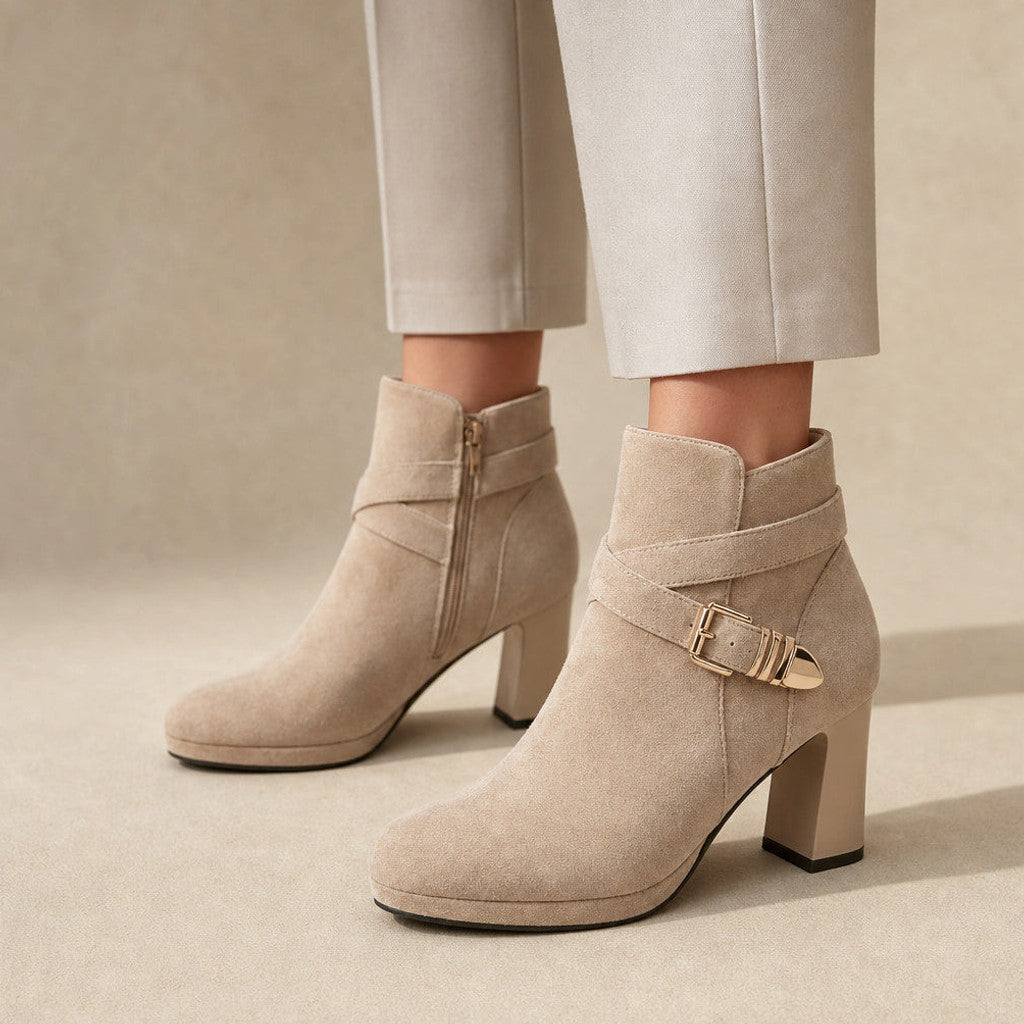 Euphrosyne | Buckle Strap Ankle Boots Block Heel Almond – Product Photo