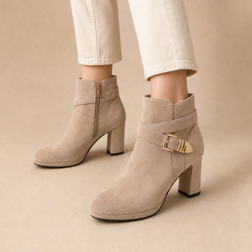 Euphrosyne | Buckle Strap Ankle Boots Block Heel in Almond – Premium Editorial