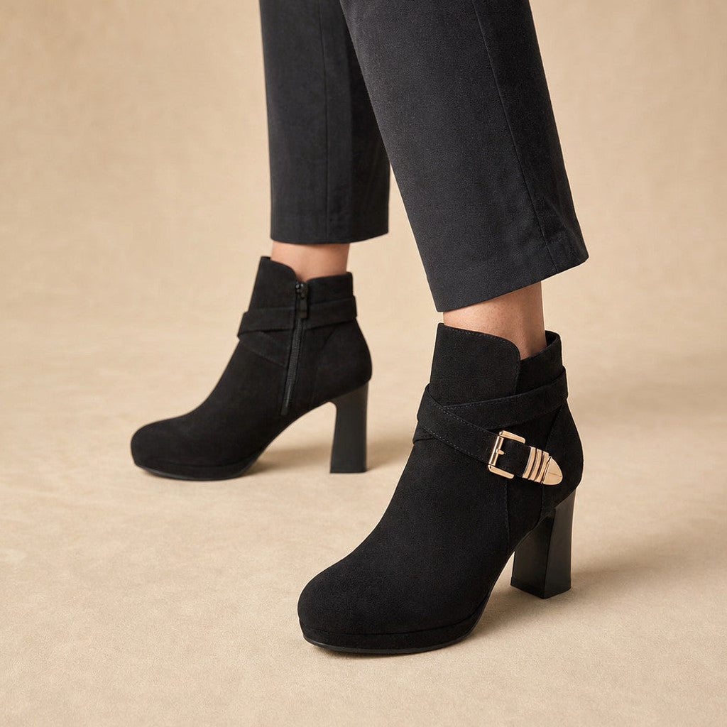 Euphrosyne | Buckle Strap Ankle Boots Block Heel Black – Product Photo