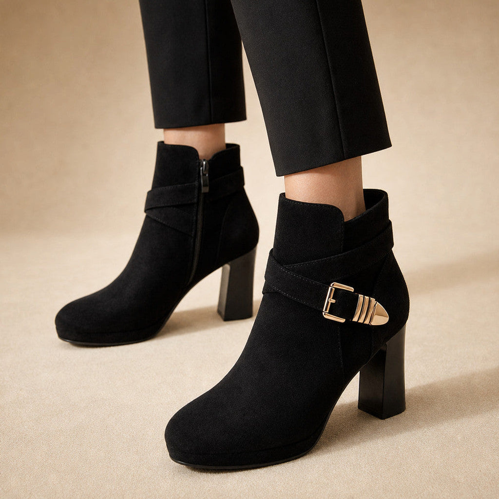 Euphrosyne | Buckle Strap Ankle Boots Block Heel in Black – Premium Editorial